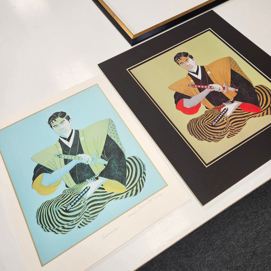 Two paper art prints showing UV light damage compared with a properly stored and preserved print.